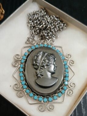 Silver-Tone Hematite Cameo Necklace with Turquoise Accents